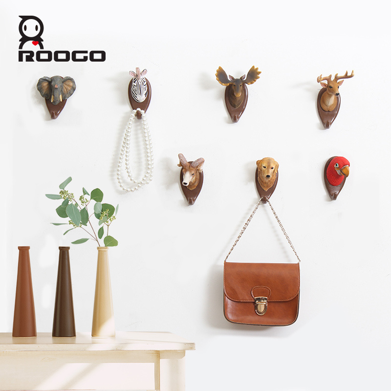 ROOGO Rustic Realistic Resin Jungle Animal Bust Statue Utility Key Coat Towel Wall Mounted Hooks Home Decoration