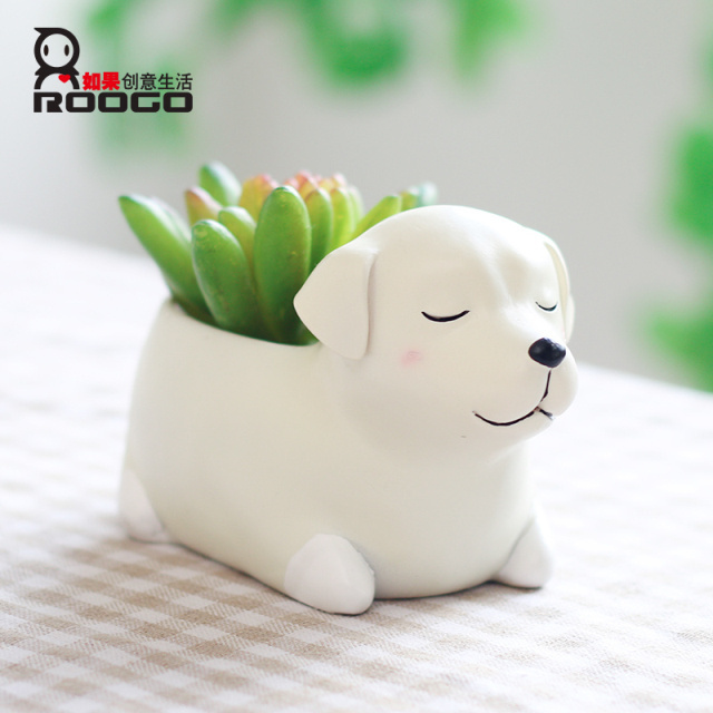 ROOGO Novelty Cute Resin Sleepy Puppy Corgi Husky Schnauzer Animal Succulent Flower Pots Plant Box Home Decor Items