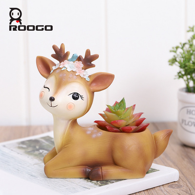 Roogo wholesale resin deers flowerpot indoor bonsai Succulent planter pot