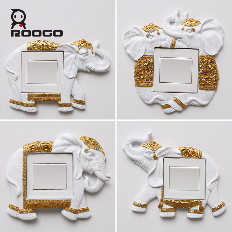 ROOGO Simple Design Pure White Resin Lucky Elephant Thai Style Square Light Switch Cover Decal Wall Decor