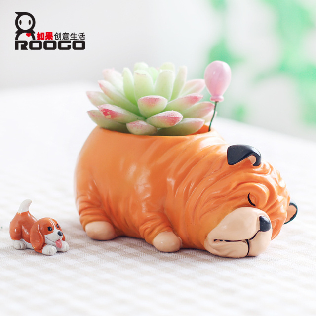 ROOGO Novelty Cute Resin Sleepy Puppy Corgi Husky Schnauzer Animal Succulent Flower Pots Plant Box Home Decor Items