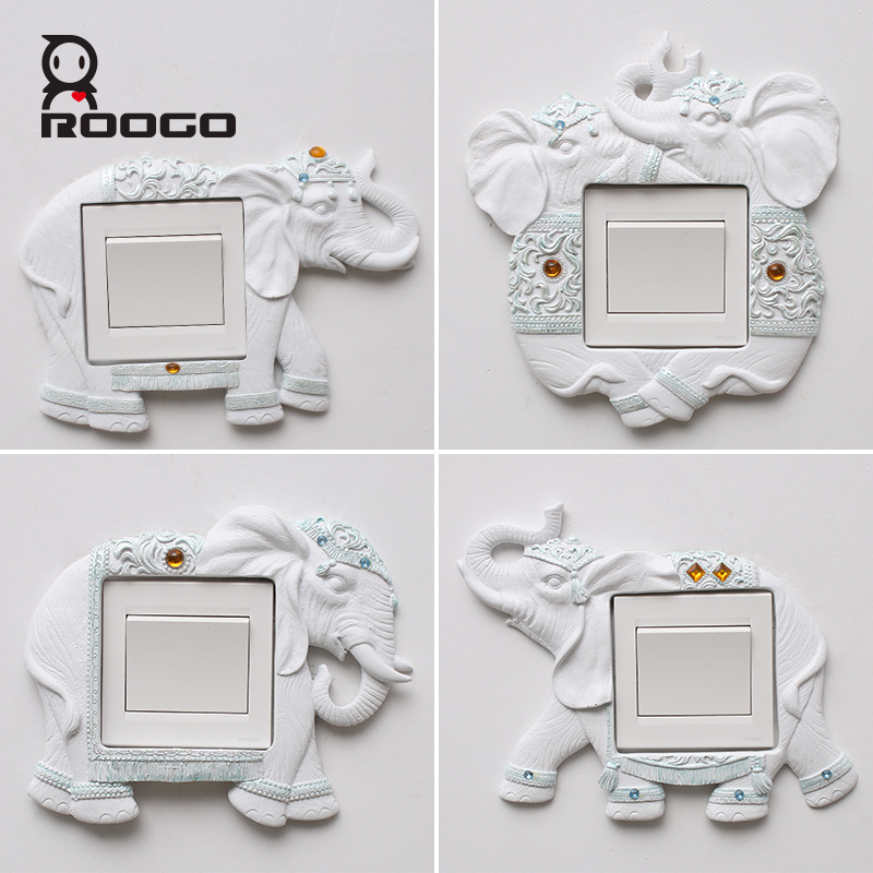 ROOGO Simple Design Pure White Resin Lucky Elephant Thai Style Square Light Switch Cover Decal Wall Decor