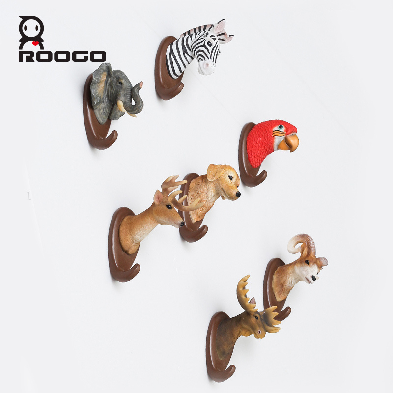 ROOGO Rustic Realistic Resin Jungle Animal Bust Statue Utility Key Coat Towel Wall Mounted Hooks Home Decoration