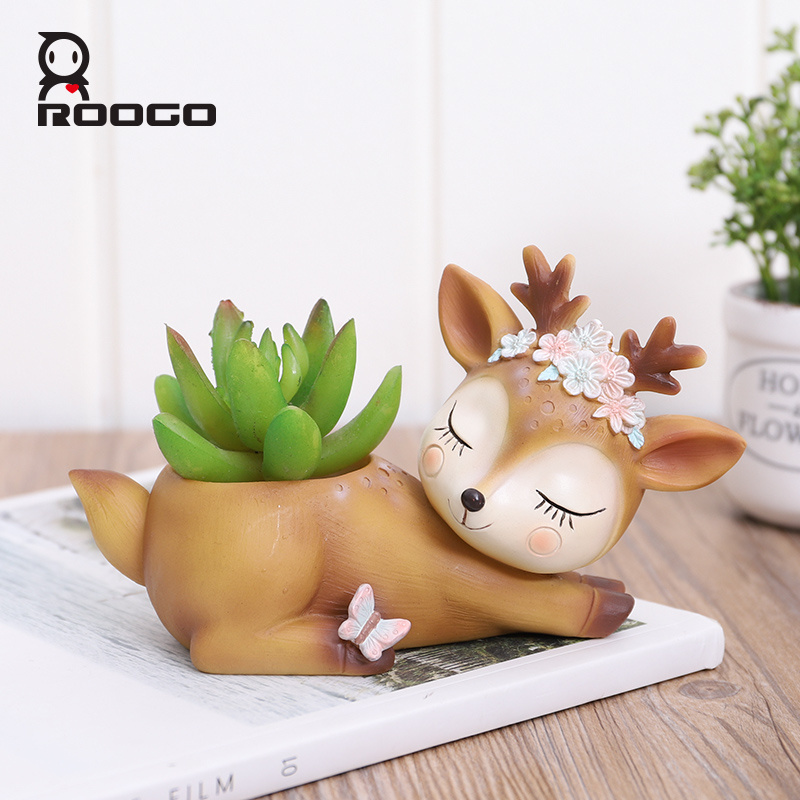 Roogo wholesale resin deers flowerpot indoor bonsai Succulent planter pot