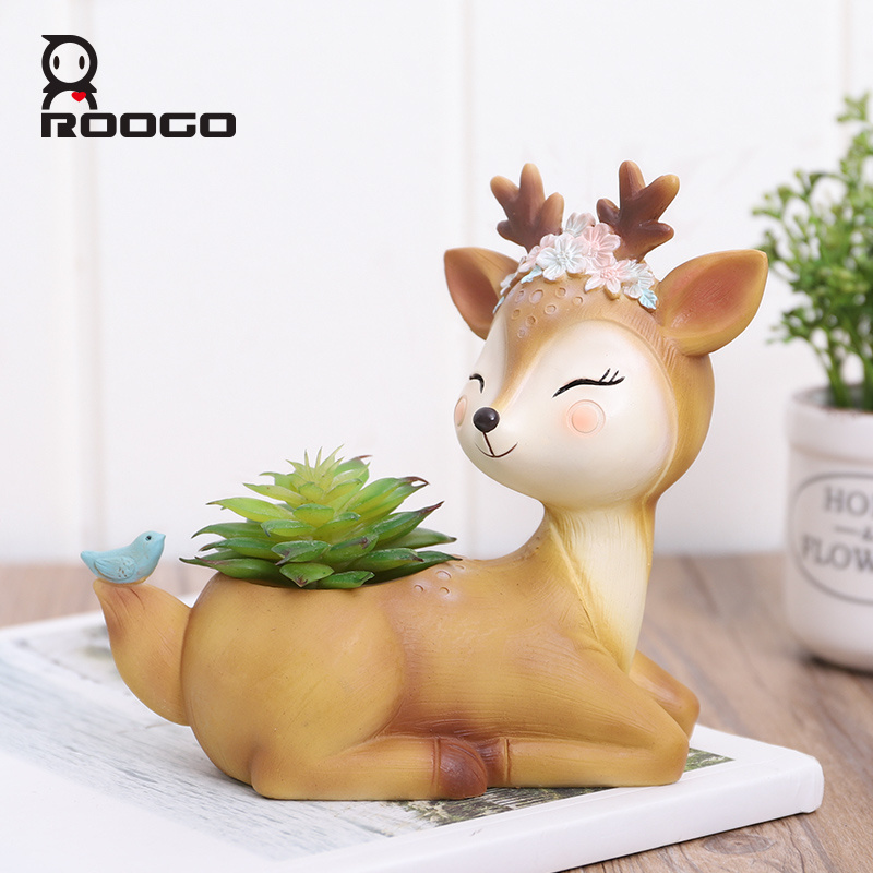 Roogo wholesale resin deers flowerpot indoor bonsai Succulent planter pot