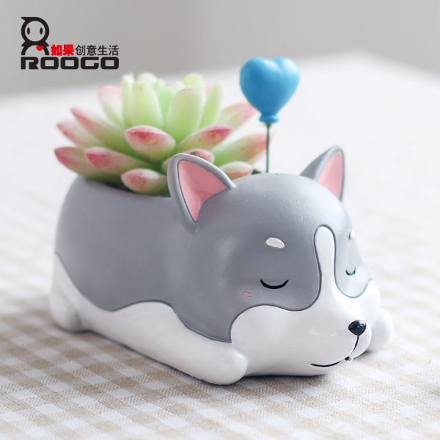 ROOGO Novelty Cute Resin Sleepy Puppy Corgi Husky Schnauzer Animal Succulent Flower Pots Plant Box Home Decor Items