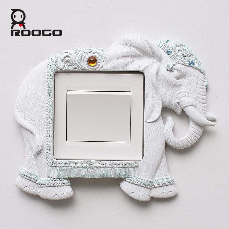 ROOGO Simple Design Pure White Resin Lucky Elephant Thai Style Square Light Switch Cover Decal Wall Decor