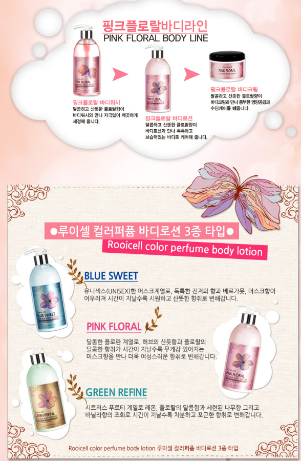 ISO22716 GMP Korean cosmetics Bath and Body skin whitening moisturizing cream  Rooicell  Pink Floral Perfume Body Lotion 500ml