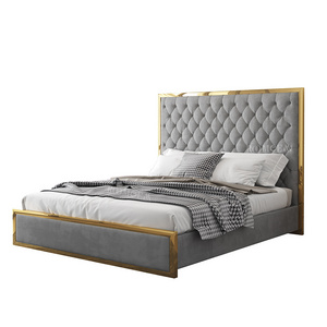 ROOMGEM Bed Frame Bedroom Furniture SS Luxury Velvet Gold Gray Button Queen Size Fabric Steel Pine Canopy Bed Modern Soft Bed