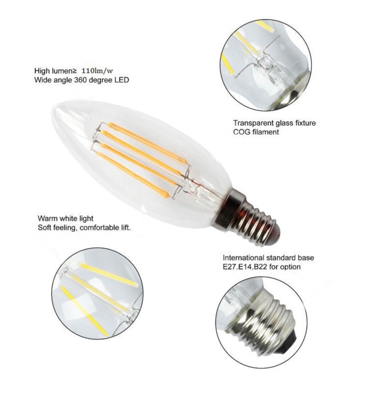 AC E14 220V 4W 2700K LED Filament Candle Bulb C35 C35T Clear Frosted Glass Chandelier Lighting Bulbs