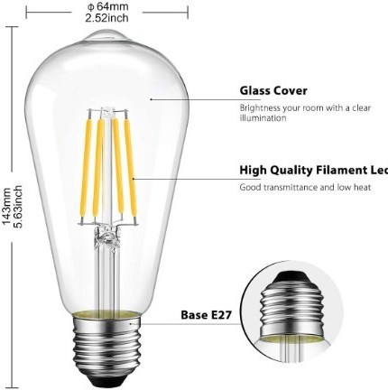 Vintage Industrial Style Restaurant Glass Light Bulb Bright 8W 800Lm E27 ST64 LED Filament Bulb