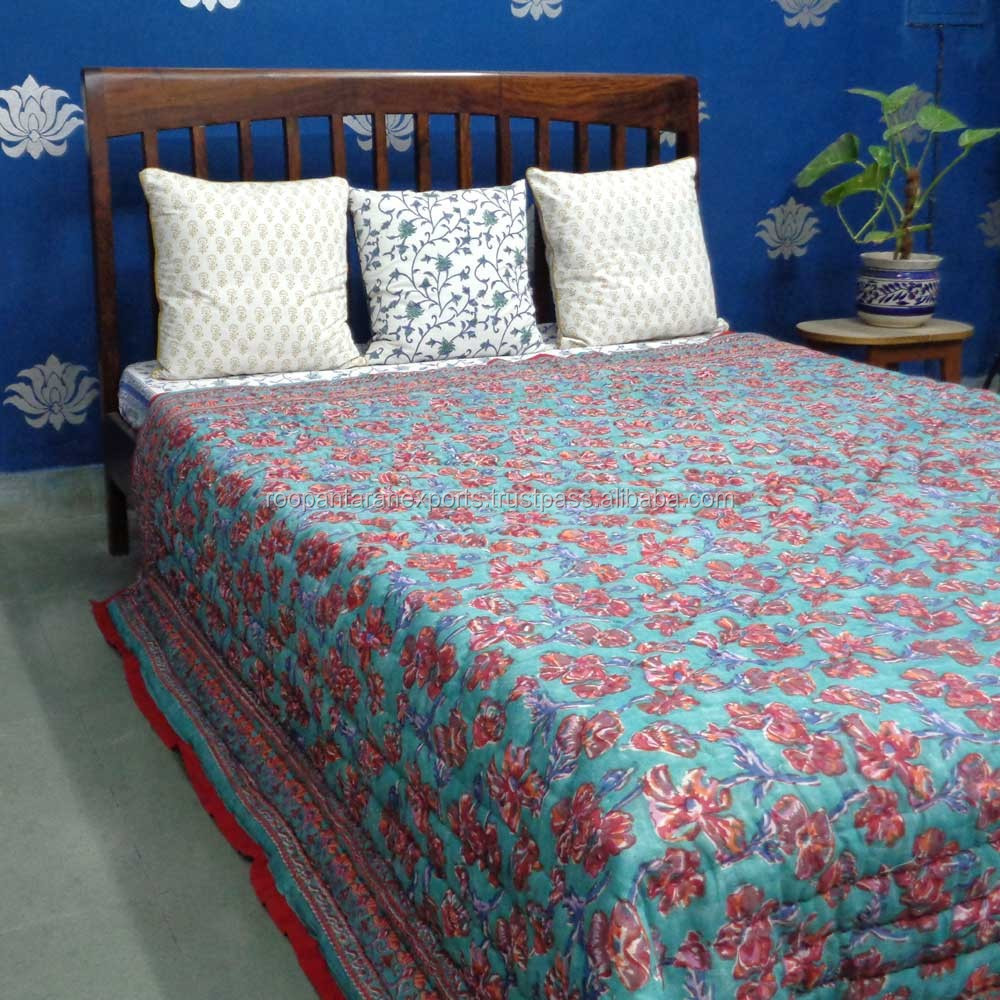 2024 Latest Design Indian Handmade Latest Classical Design  Hibiscus Jade Cotton Voile Twin Size Quilt For Sale