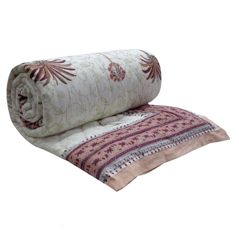 Hot Selling Indian Palm Tree Pink Hand Block Printed Soft Cotton Winter Twin Size Quilt For Sale