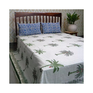 Indian Palm Tree Green Hand Block Printed Cotton Queen Size Ac Blankets Dohar Quilt For Sale