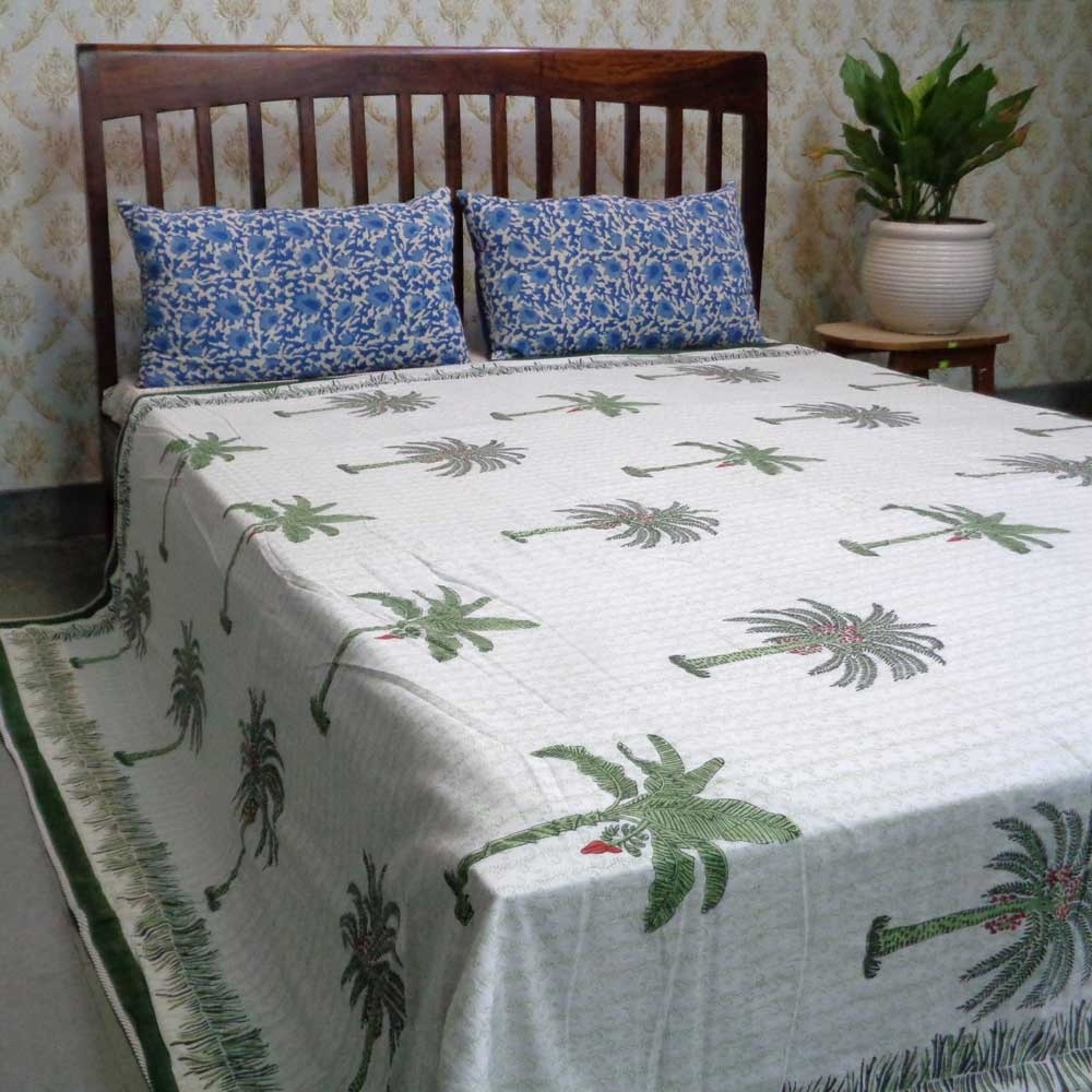 Indian Palm Tree Green Hand Block Printed Cotton Queen Size Ac Blankets Dohar Quilt For Sale