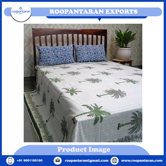 Indian Palm Tree Green Hand Block Printed Cotton Queen Size Ac Blankets Dohar Quilt For Sale