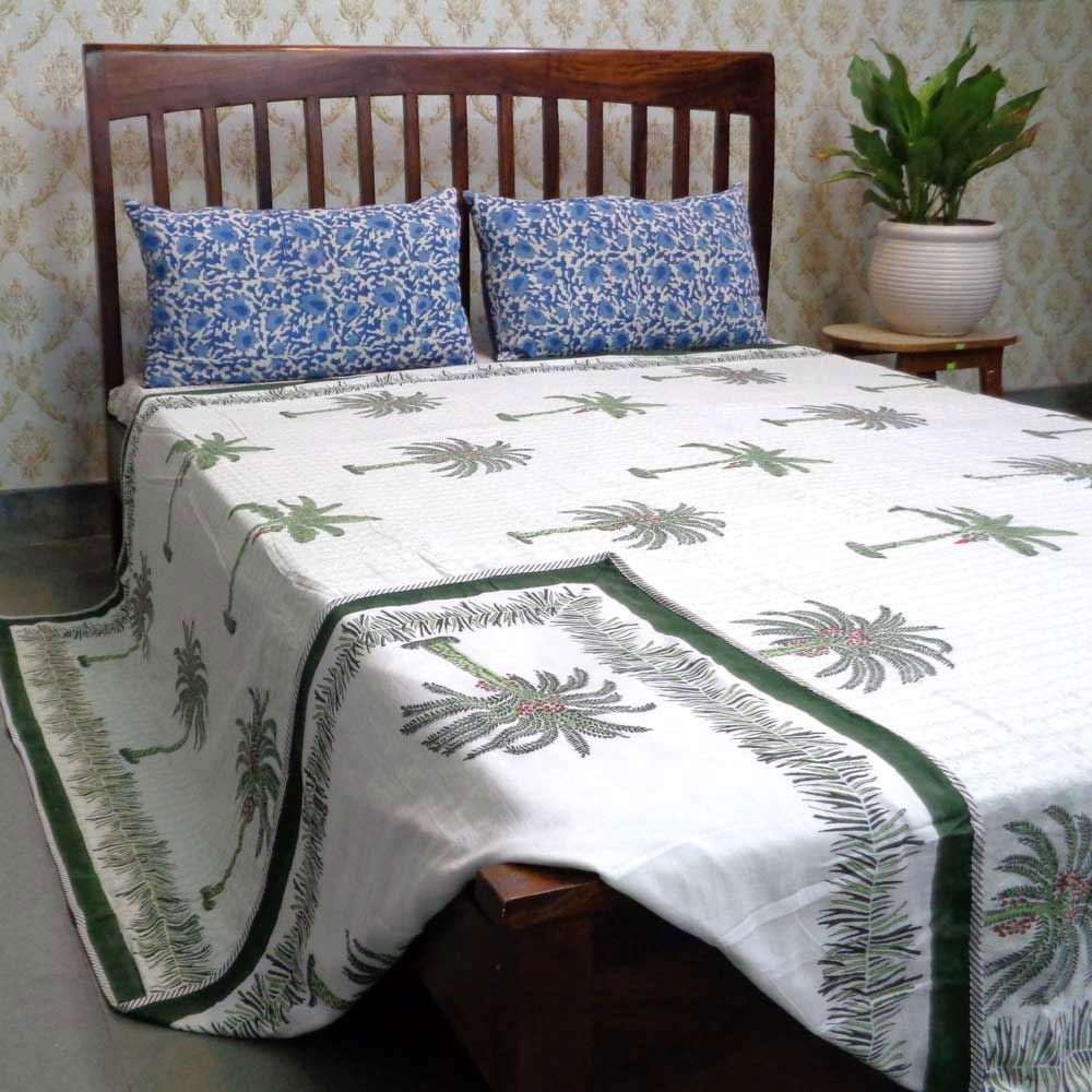 Indian Palm Tree Green Hand Block Printed Cotton Queen Size Ac Blankets Dohar Quilt For Sale