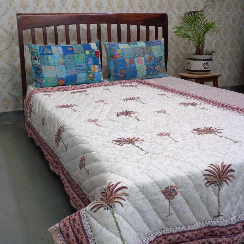 Hot Selling Indian Palm Tree Pink Hand Block Printed Soft Cotton Winter Twin Size Quilt For Sale