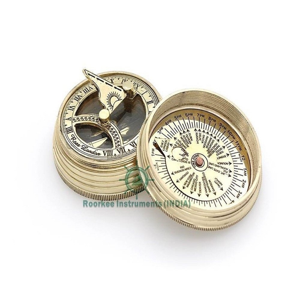 Marine Nautical Brass Sundial Compass With Velvet Pouch - Drum Style Directional Compass- SUNDIAL & COMPASS ROSS LONDON-