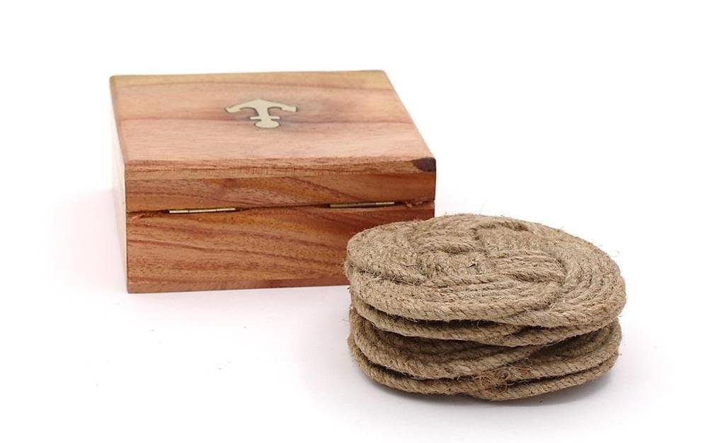 Jute Rope Coaster Set Nautical Gift Surface-Protecting Vintage Woven Coasters for Table Care , Set of 4 with wooden Box