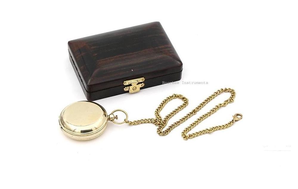 Nautical Vintage New Brass Lid Pocket Watch with Wooden Box Hand Winding Mechanical Pocket Watch