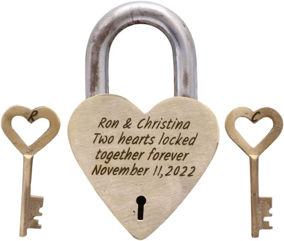 Personalized Solid Brass Heavy Duty Padlock Love Lock Memorial Anniversary Gift Engraving Text for Lover Heart Shape Key