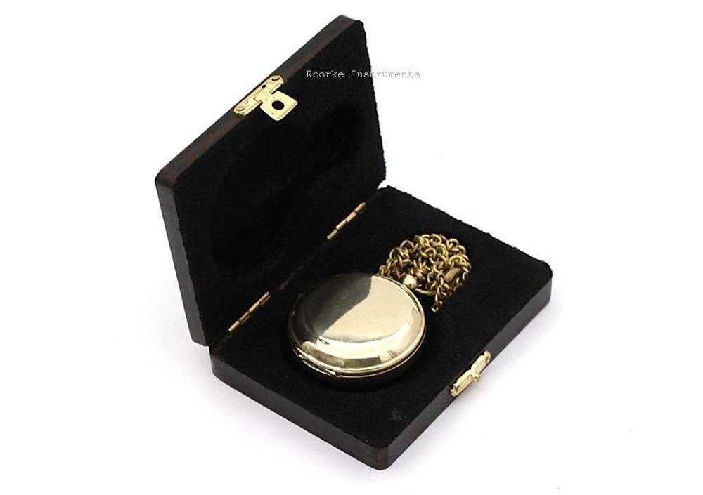 Nautical Vintage New Brass Lid Pocket Watch with Wooden Box Hand Winding Mechanical Pocket Watch