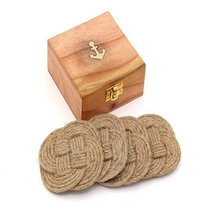 Jute Rope Coaster Set Nautical Gift Surface-Protecting Vintage Woven Coasters for Table Care , Set of 4 with wooden Box