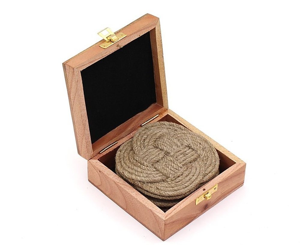 Jute Rope Coaster Set Nautical Gift Surface-Protecting Vintage Woven Coasters for Table Care , Set of 4 with wooden Box