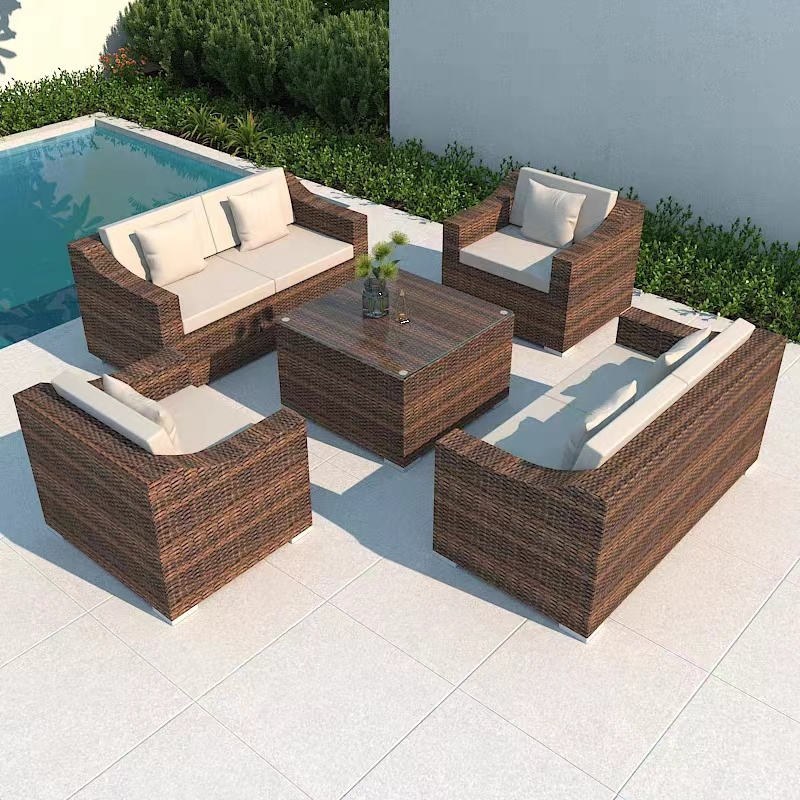 Garden Modern Home Style Patio Furniture brown Outdoor Sofa Set Rattan Sofas With Fire Pit Table