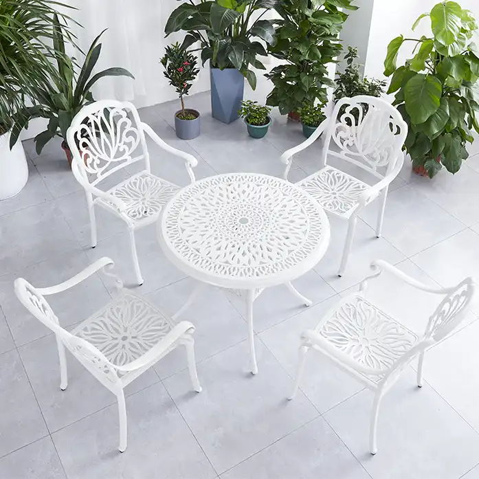 White Waterproof Dining Room Table 4 Chairs Balcony Patio Furniture Aluminum Restaurant Set