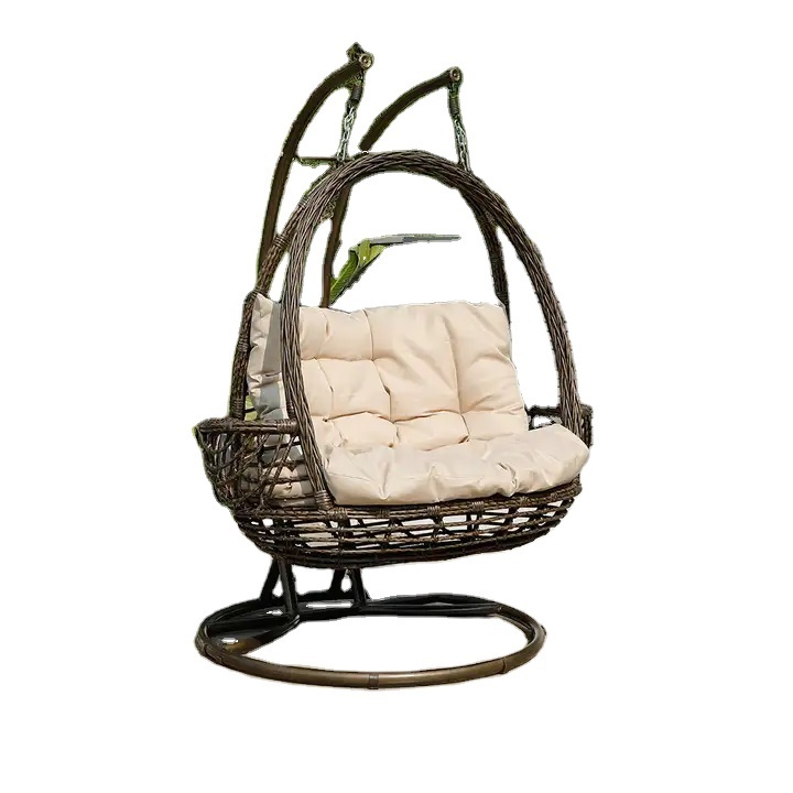 Outdoor Garden Iron Metal Hanging Wicker Double Basket Rattan Swing Chair Patio