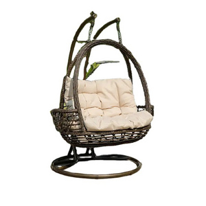 Outdoor Garden Iron Metal Hanging Wicker Double Basket Rattan Swing Chair Patio