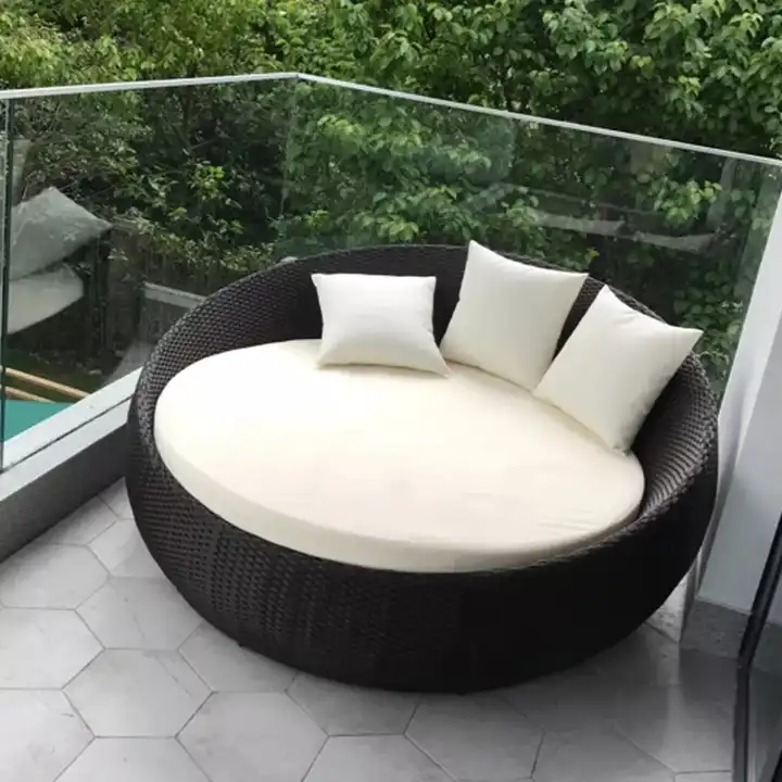 Home casual outdoor wicker round wicker lounge chair sunbathing bed set with unique rattan round sofa lounge