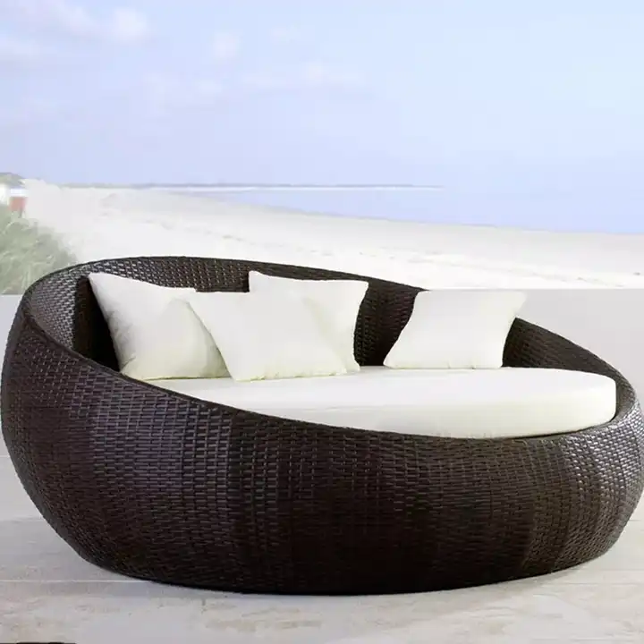 Home casual outdoor wicker round wicker lounge chair sunbathing bed set with unique rattan round sofa lounge