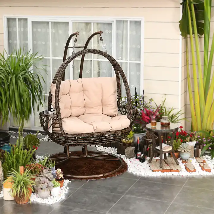 Outdoor Garden Iron Metal Hanging Wicker Double Basket Rattan Swing Chair Patio