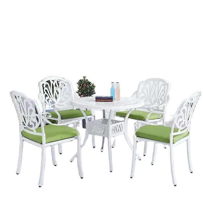 White Waterproof Dining Room Table 4 Chairs Balcony Patio Furniture Aluminum Restaurant Set