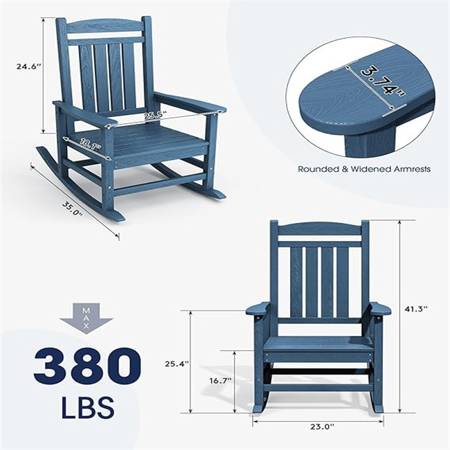 HDPE Rocking Chairs Outdoor, Oversized Patio Rocking Chairs with 380lbs Support, Smooth Porch Rocker for Deck Lawn Yard, Blue