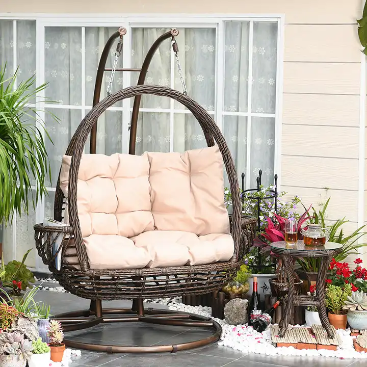 Outdoor Garden Iron Metal Hanging Wicker Double Basket Rattan Swing Chair Patio