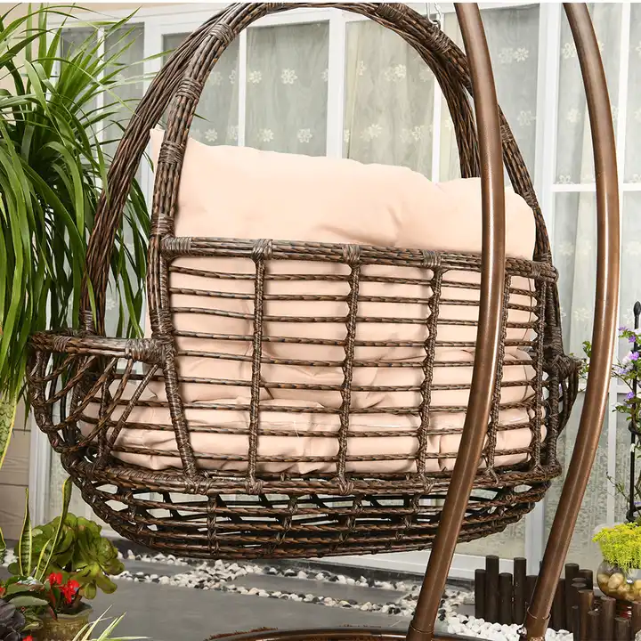 Outdoor Garden Iron Metal Hanging Wicker Double Basket Rattan Swing Chair Patio