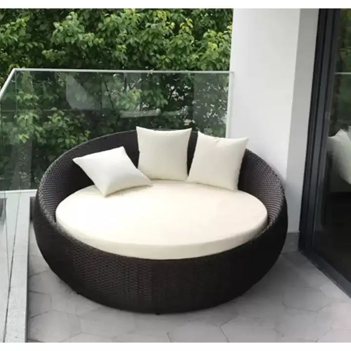 Home casual outdoor wicker round wicker lounge chair sunbathing bed set with unique rattan round sofa lounge