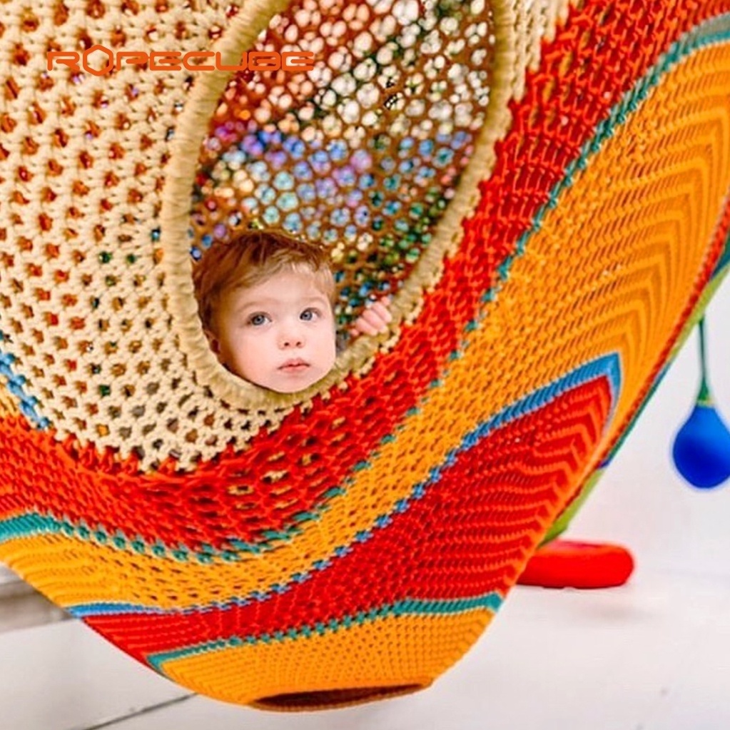 Rainbow climbing rope net trampoline parks with swing for kids at the indoor and outdoor playground equipment