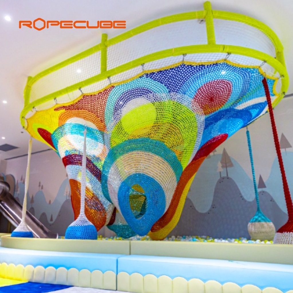 Rainbow climbing rope net trampoline parks with swing for kids at the indoor and outdoor playground equipment