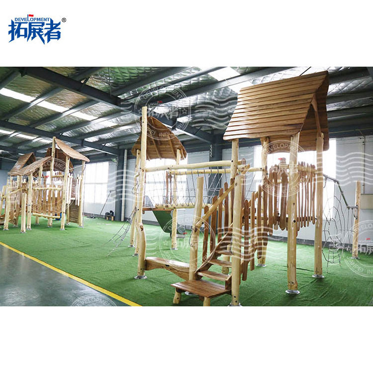 Wood Play House Kids Playground Equipment Outdoor with Slide Swing & Rope Bridge