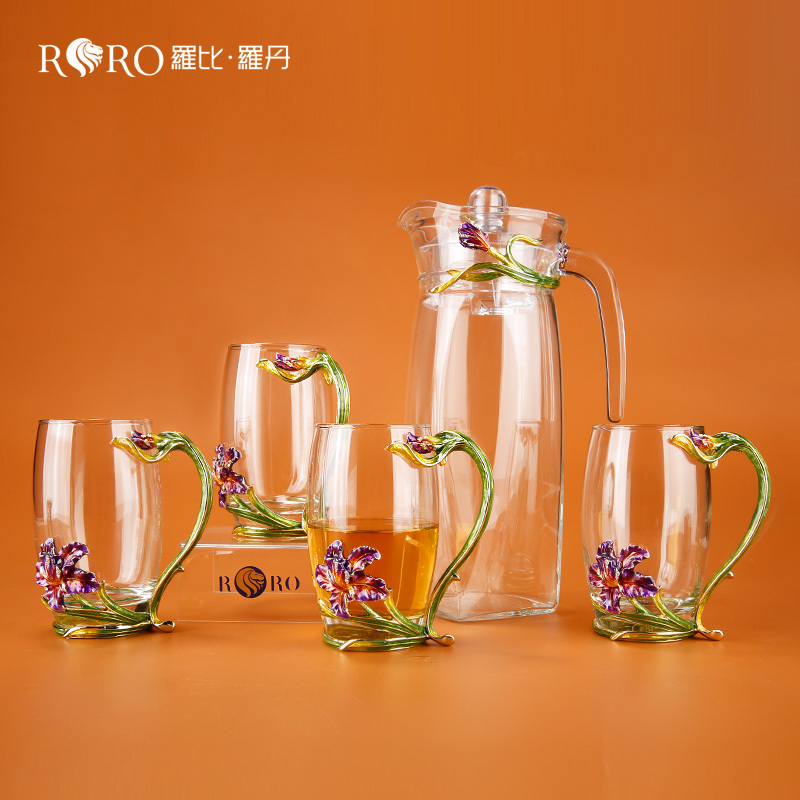 RORO home decoration classic design enamel flower tall glass bottles for juice dispenser set with lid for festive family feast