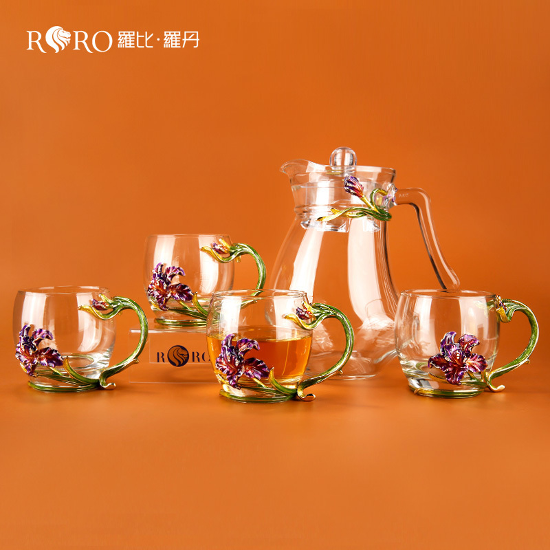 RORO home decoration classic design enamel flower tall glass bottles for juice dispenser set with lid for festive family feast