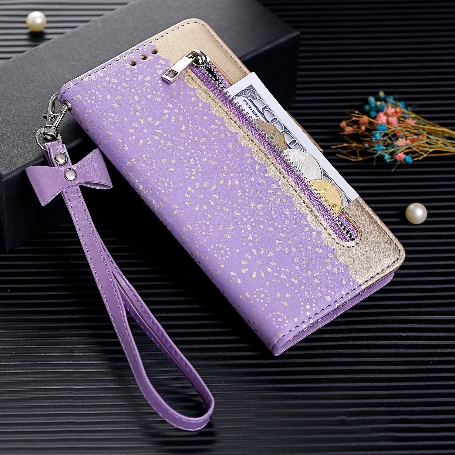 For iPhone 15 Case Leather Lace Zipper Wallet Case For iPhone 13 14 15 Pro Max Magnetic Card Slot Stand Phone Cover