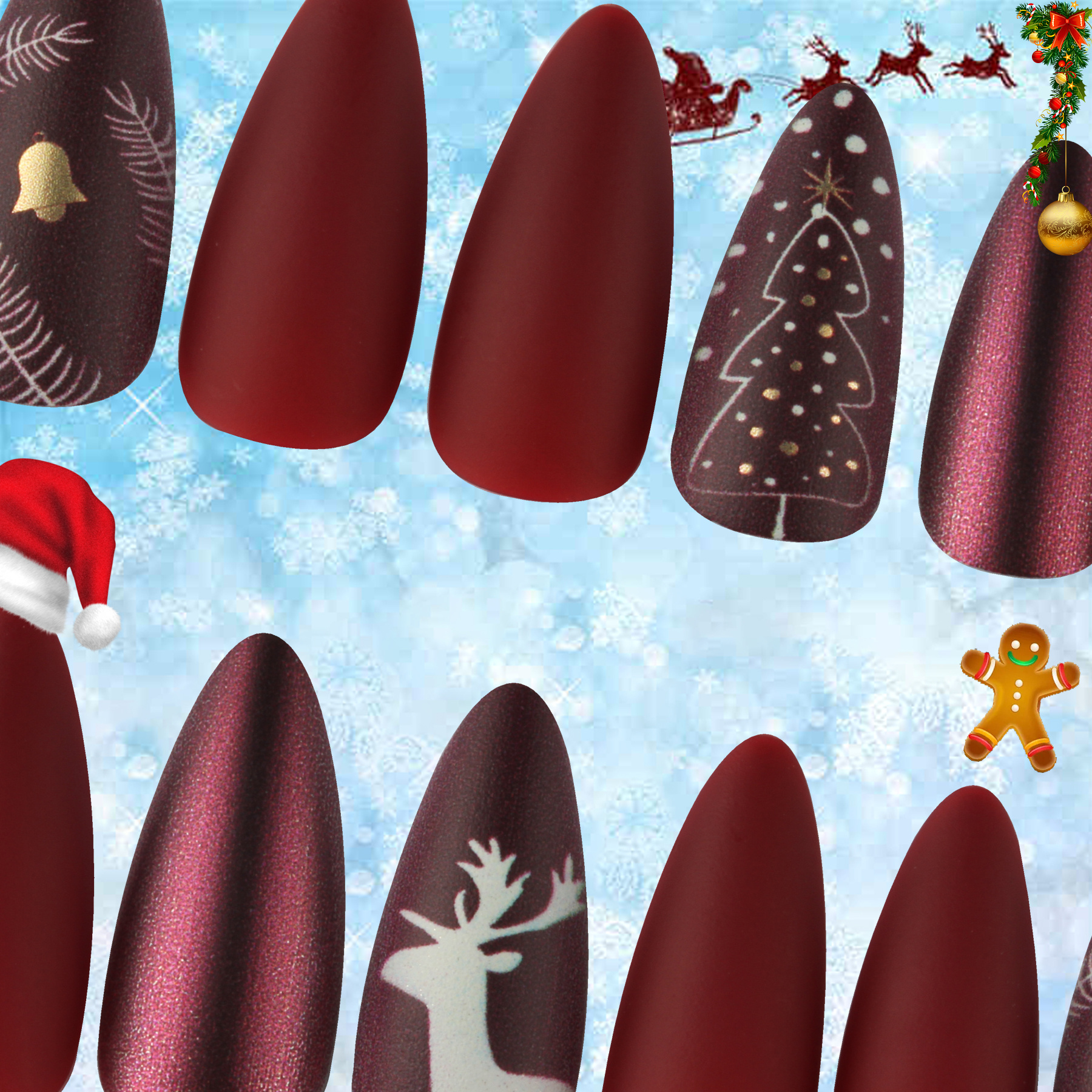 Rosalind Christmas designer short long almond shape false nails pre gel X Xmas XL glue for press on nails Artificial Fingernails