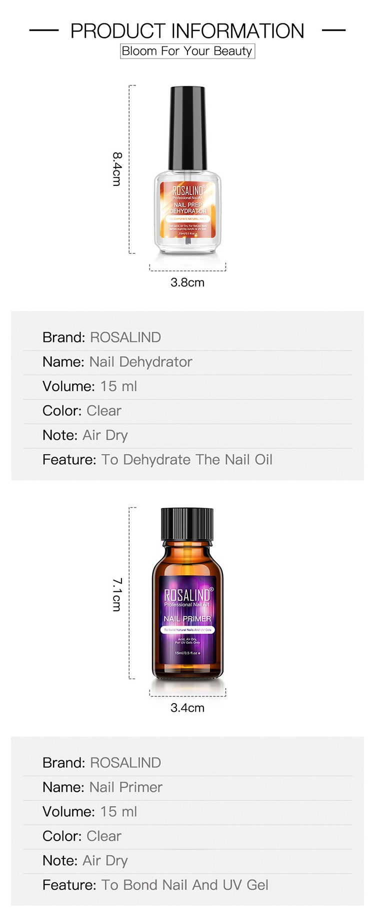 Rosalind 15ml regular bottle uv gel acrylic nail art strengthener primer bonder and acid free prep dehydrator with private label