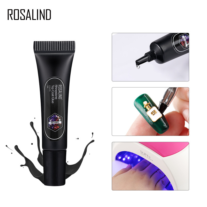 Rosalind oem custom private label 8g one step rhinestone top coat glue soak off uv led lamp gel polish rhinestone gel top coat